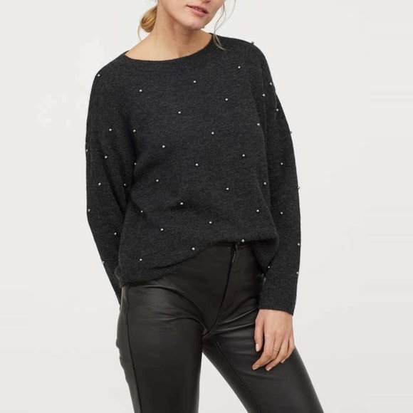 H&M Sweater Gray Pearl Beaded Embellished Long Sleeve Pullover Crew - Picture 1 of 10